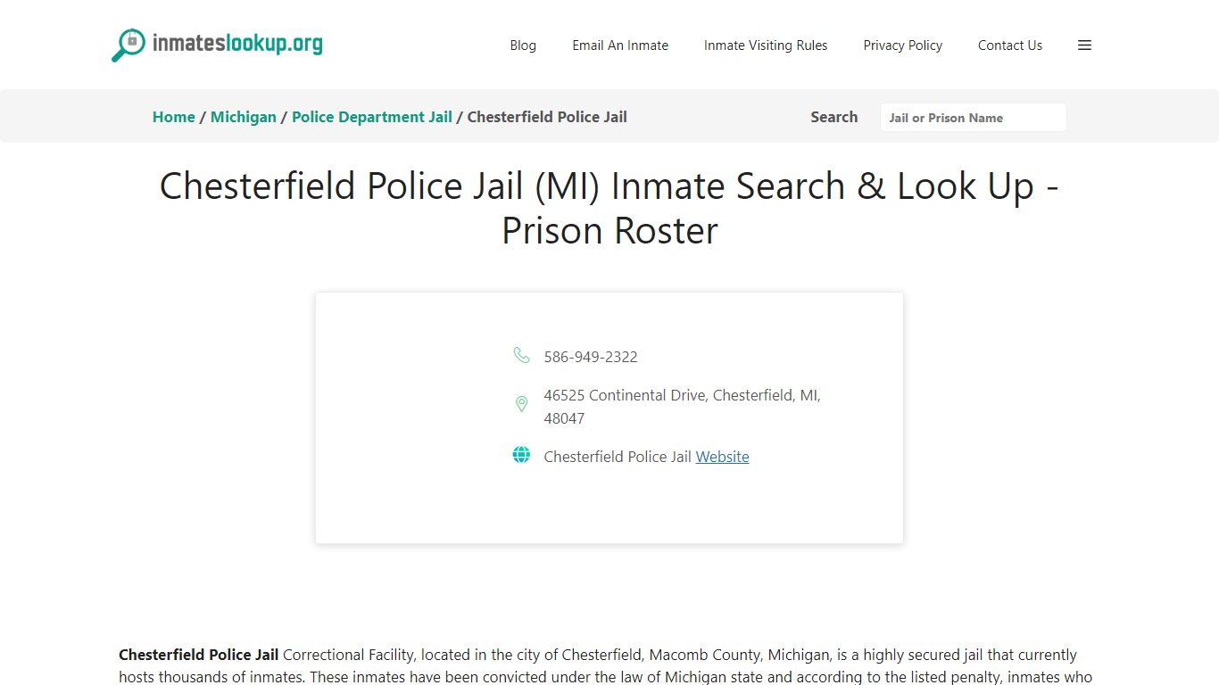 Chesterfield Police Jail (MI) Inmate Search & Look Up - Prison Roster